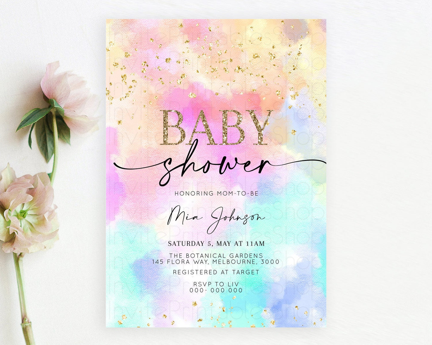 Pastel Baby Shower Invitation Rainbow Baby Shower Invitation Colorful Pastel Watercolor Invitation Gold Glitter Sprinkles Ombre D10667