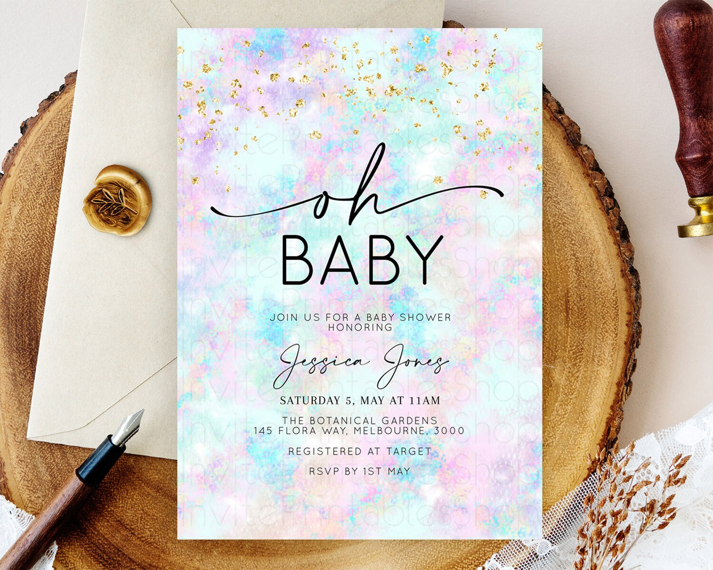 Pastel Baby Shower Invitation Rainbow Baby Shower Invitation Colorful Pastel Watercolor Invitation Gold Glitter Sprinkles Ombre D10652