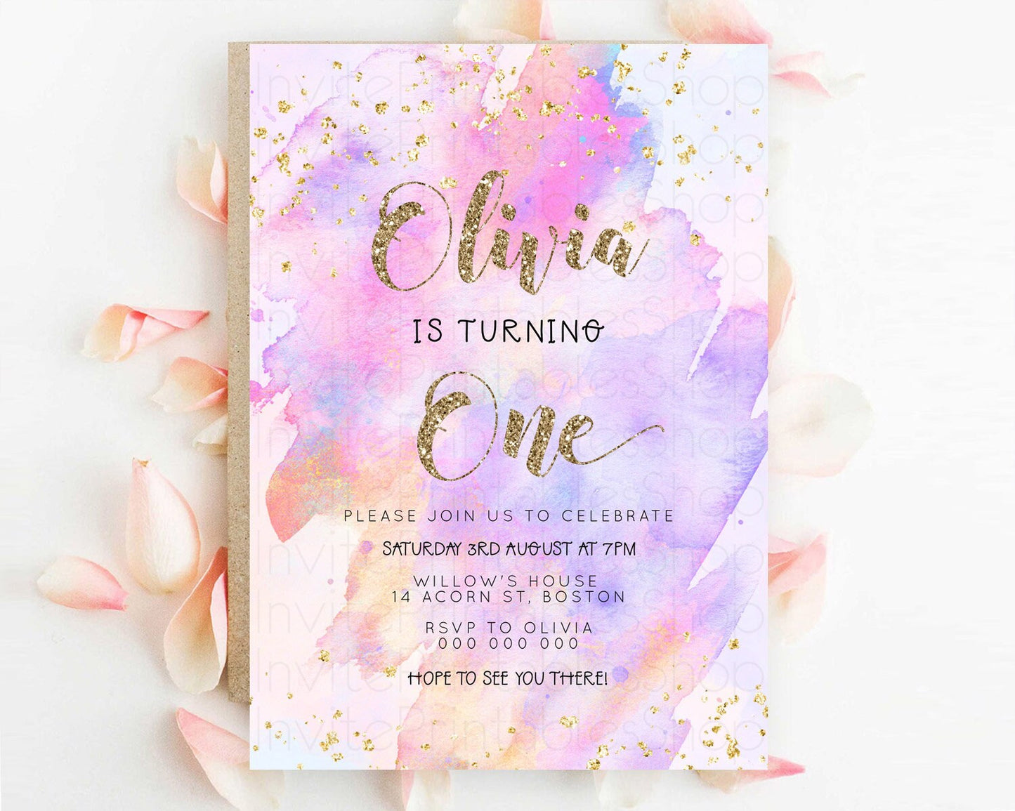 Rainbow Birthday Invitation Colorful Pastel Watercolor Invitation Gold Glitter Sprinkles Ombre Pastel 1st 2nd 3rd Birthday D23298