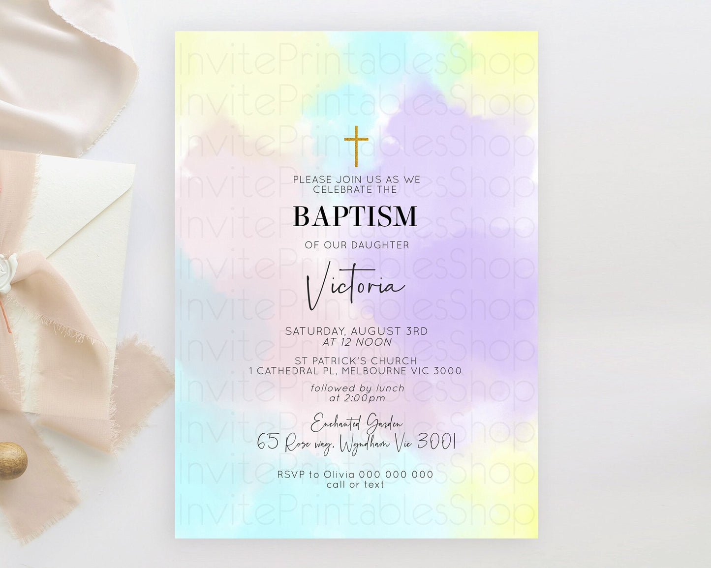 Pastel Baptism Invitation Pastel Colors Watercolor Baptism 1st Birthday Party Gold Ombre Pastel Rainbow Christening Holy Communion D10617