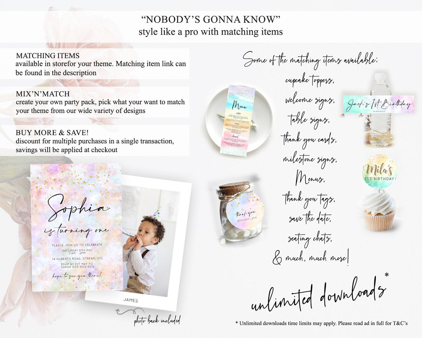 Rainbow Birthday Invitation Colorful Pastel Watercolor Invitation Gold Glitter Sprinkles Ombre Pastel 1st 2nd 3rd Birthday D10649