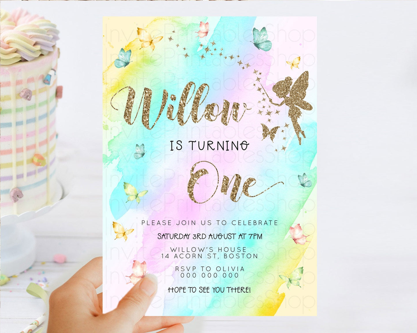 Pastel Fairy Birthday Invitation Pastel Butterflies Fairy Birthday Invitation Rainbow Ombre Watercolor 1st 2nd Birthday Invitation D23332