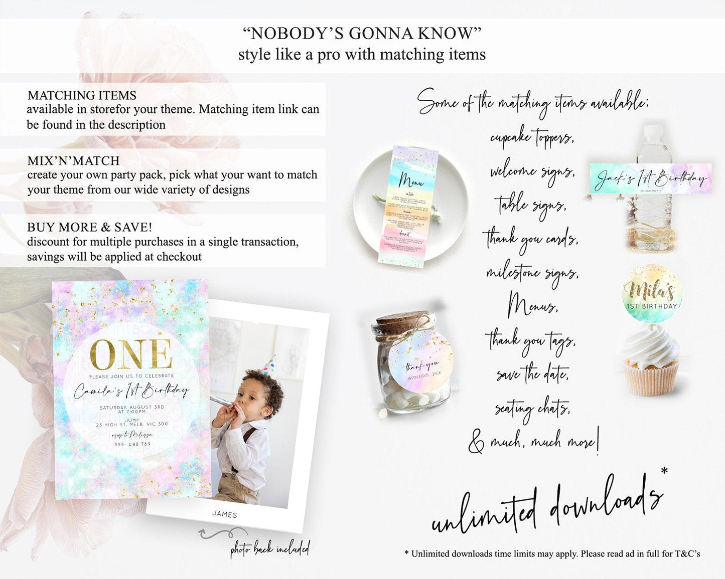 Rainbow Birthday Invitation Colorful Pastel Watercolor Invitation Gold Glitter Sprinkles Ombre Pastel 1st 2nd 3rd Birthday D10652