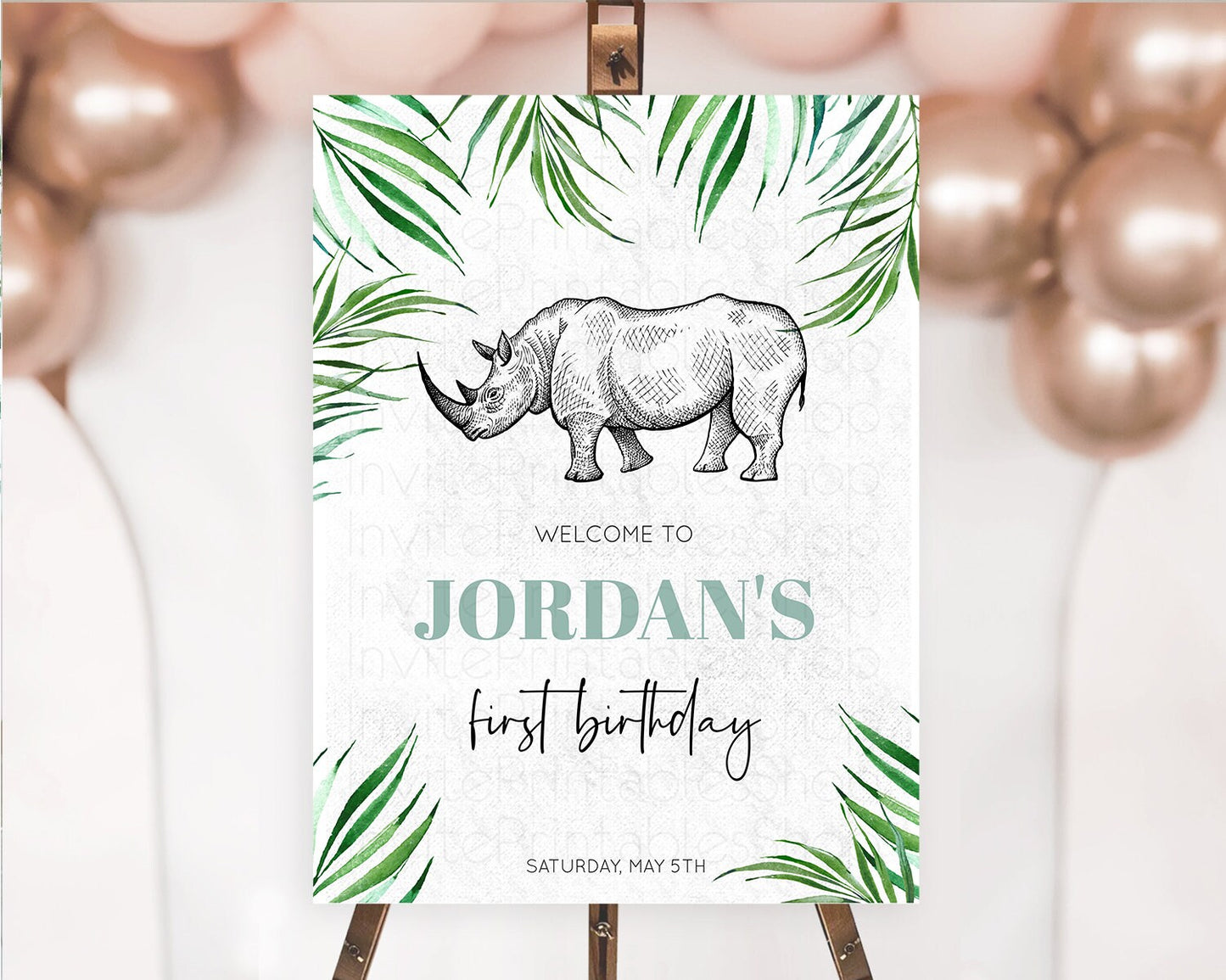 Rhino Welcome Sign Rhino Welcome Board Rhino Welcome Poster Dried Palm Fern Safari Party Decor Rhino First Birthday Welcome Sign D10848