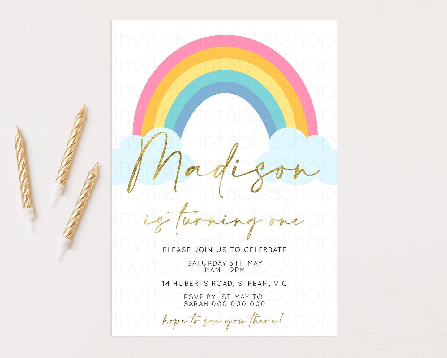 Rainbow Birthday Invitation Colorful Pastel Invitation Heart Rainbow Invite Watercolor Pink Blue Yellow Clouds 1st 2nd 3rd Birthday 190