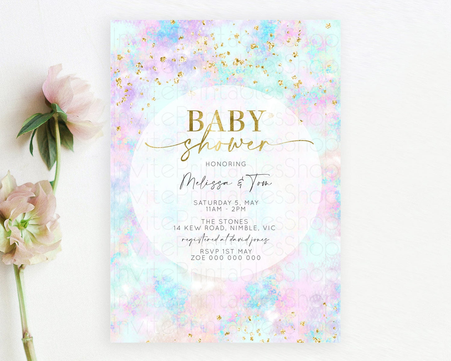 Pastel Baby Shower Invitation Rainbow Baby Shower Invitation Colorful Pastel Watercolor Invitation Gold Glitter Sprinkles Ombre D10652