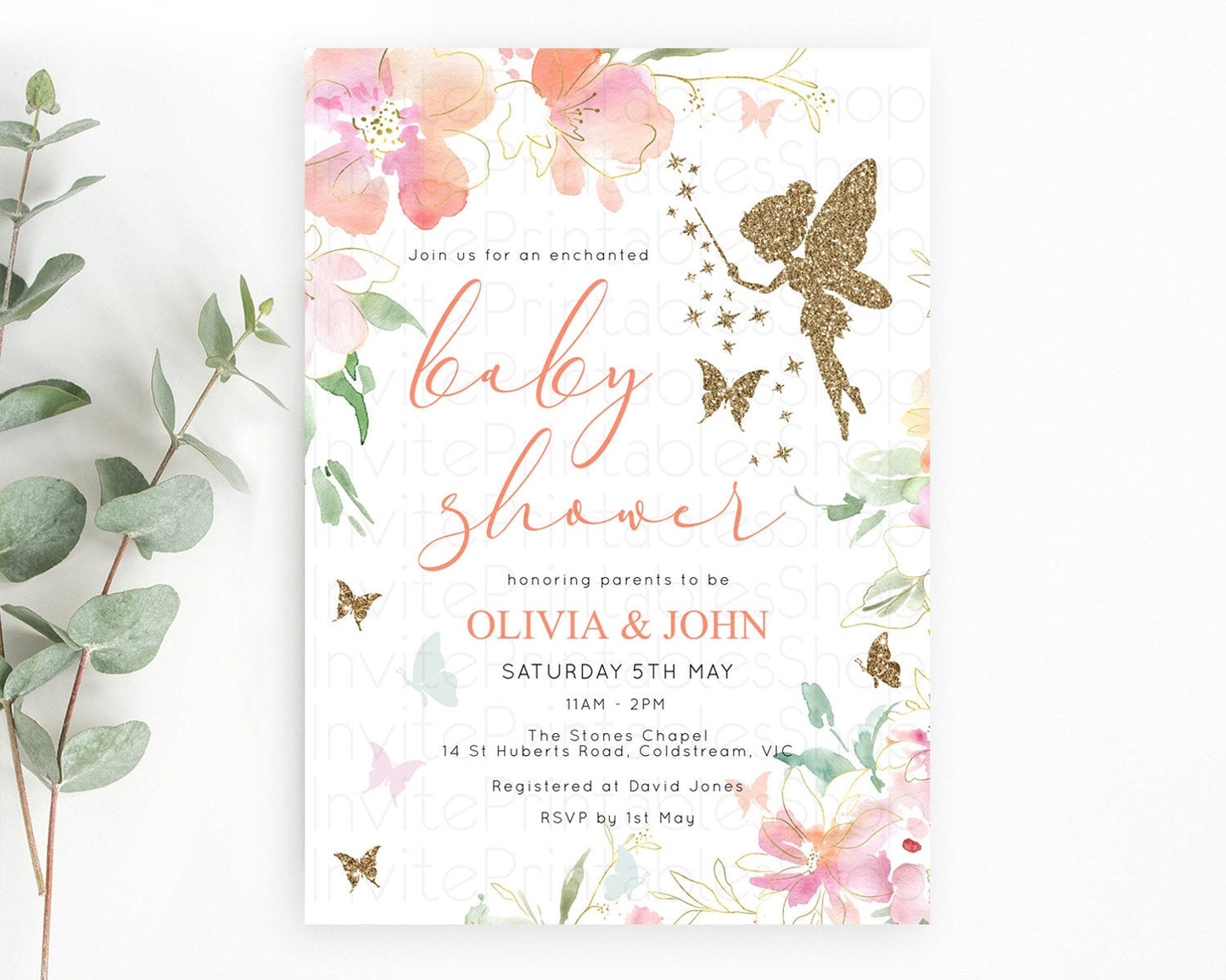 Fairy Baby Shower Invitation, Enchanted Fairy Garden, Tea Party, Secret Garden, Pastel Floral Butterflies, Pink Flowers, Gold Accents D10934