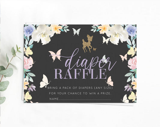 Fawn Diaper Raffle Card Deer Diaper Insert Floral Deer Diaper Ticket Enchanted Forest Butterfly Pastel Baby Shower Raffle Game D10323