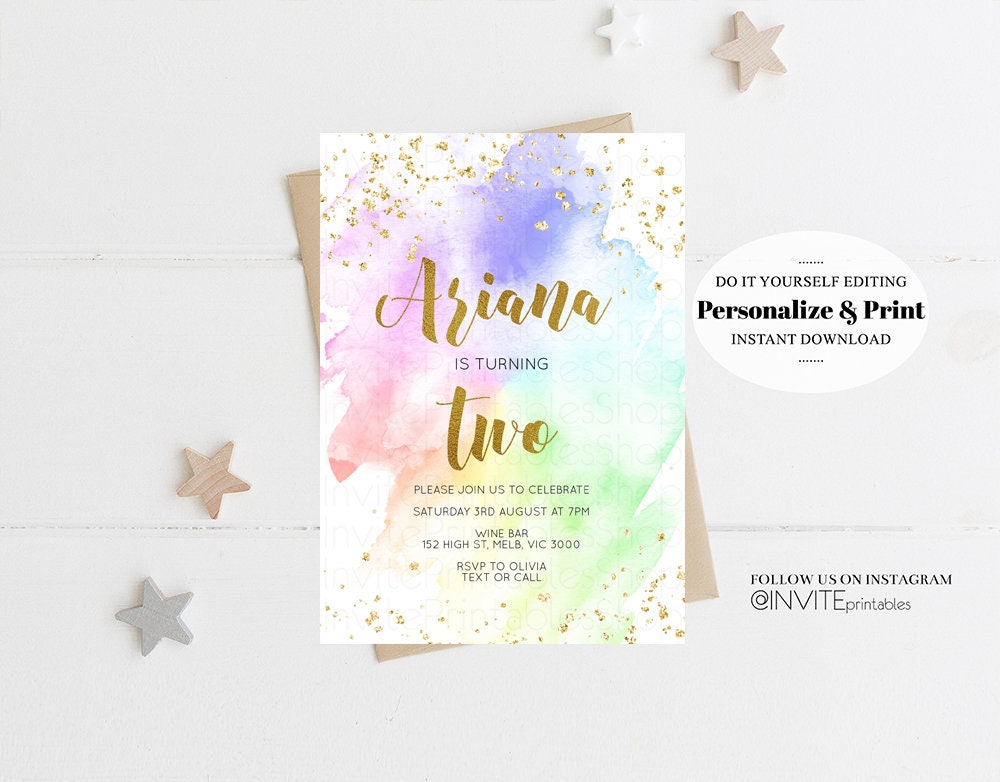 Rainbow Birthday Invitation Colorful Invite Watercolor Confetti Gold Glitter Sprinkles Ombre Pastel Invite 1st 2nd 3rd Birthday Invite 377