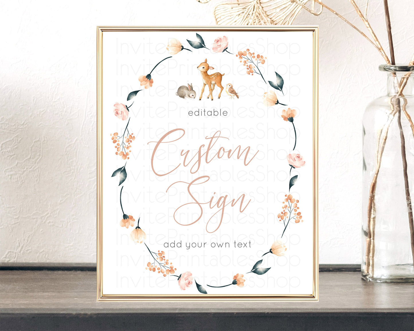 Editable Fawn Deer Sign Pastel Floral Deer Table Sign Decor Enchanted Forest