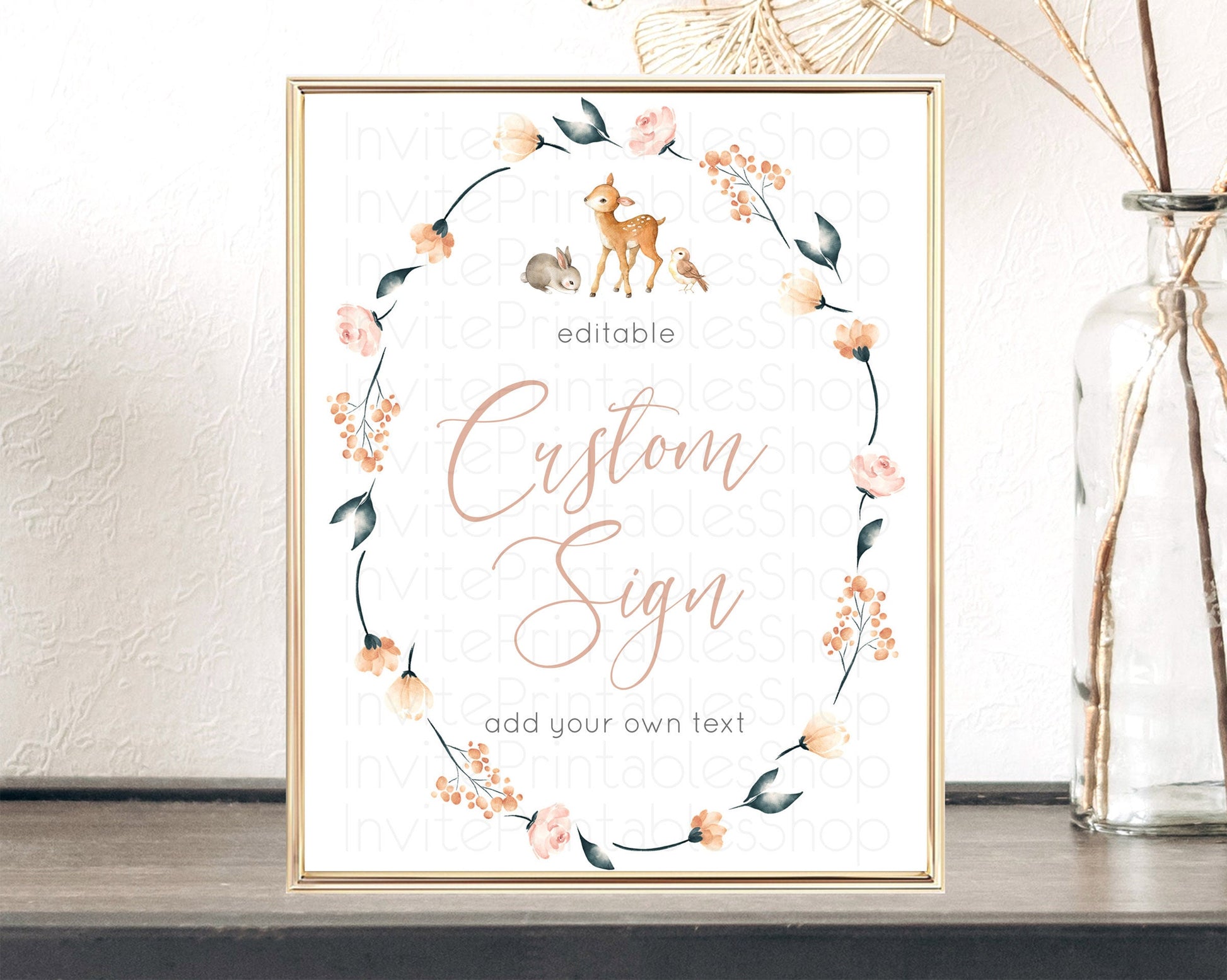 Editable Fawn Deer Sign Pastel Floral Deer Table Sign Decor Enchanted Forest