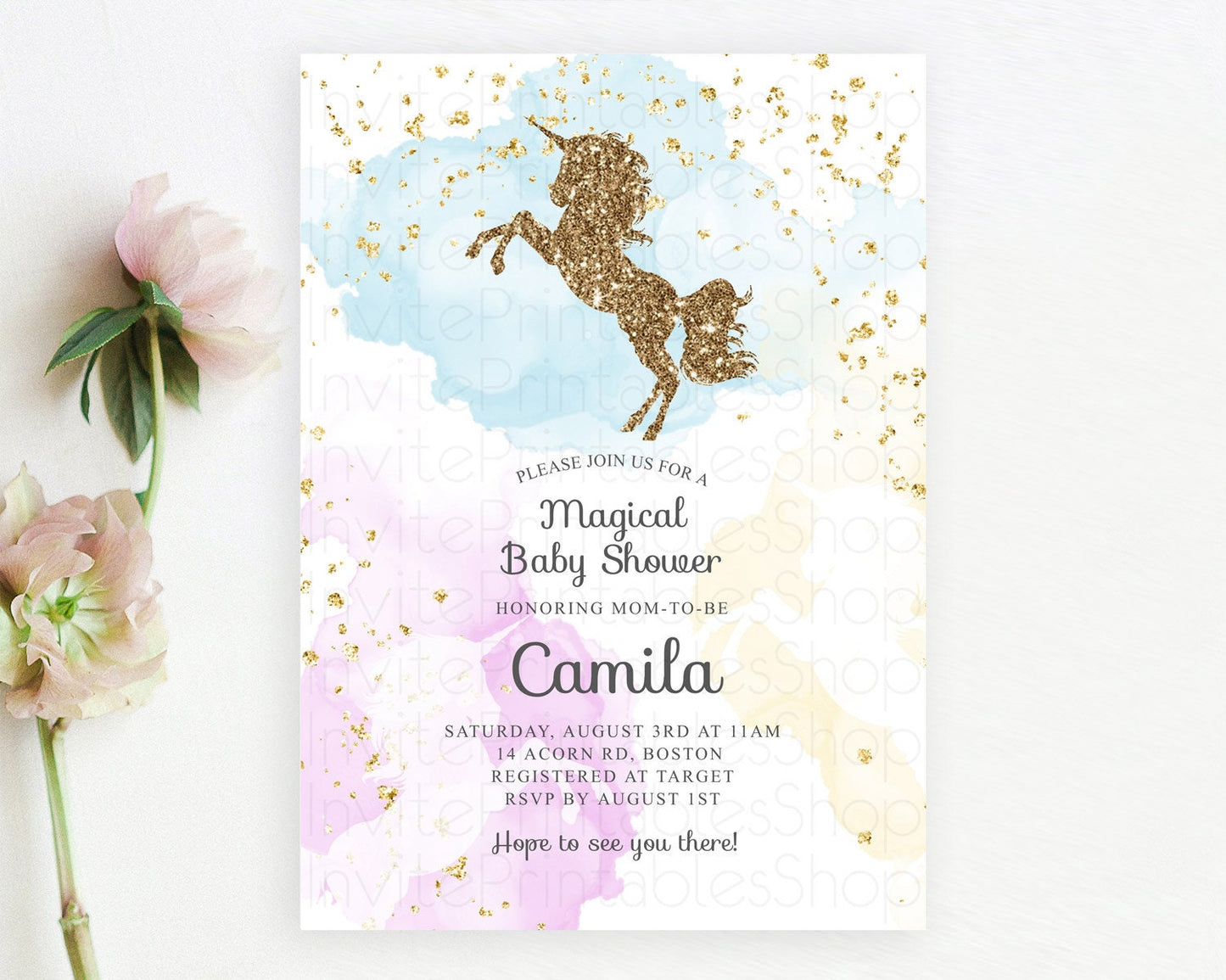 Pastel Unicorn Rainbow Baby Shower Invitation: Pastel Ombre Watercolor with Glitter Sprinkle, Pink, Blue, Yellow Clouds Gender Reveal D10114