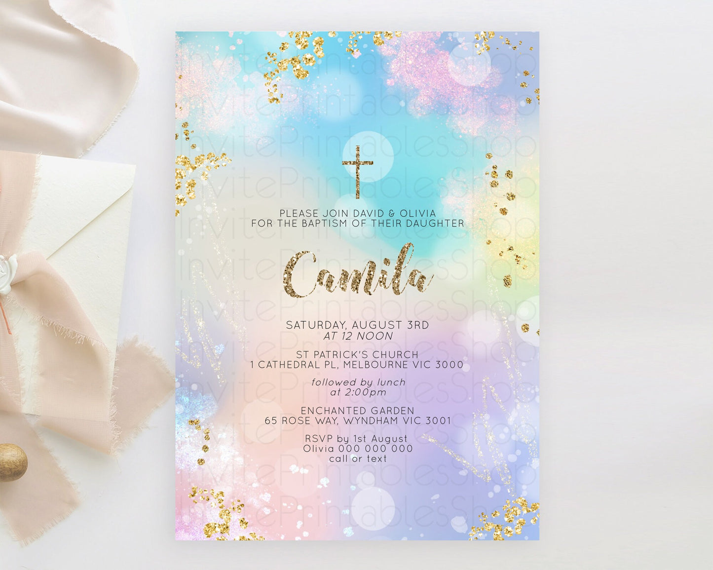 Pastel Baptism Invitation Pastel Colors Watercolor Baptism 1st Birthday Party Gold Ombre Pastel Rainbow Christening Holy Communion D10677