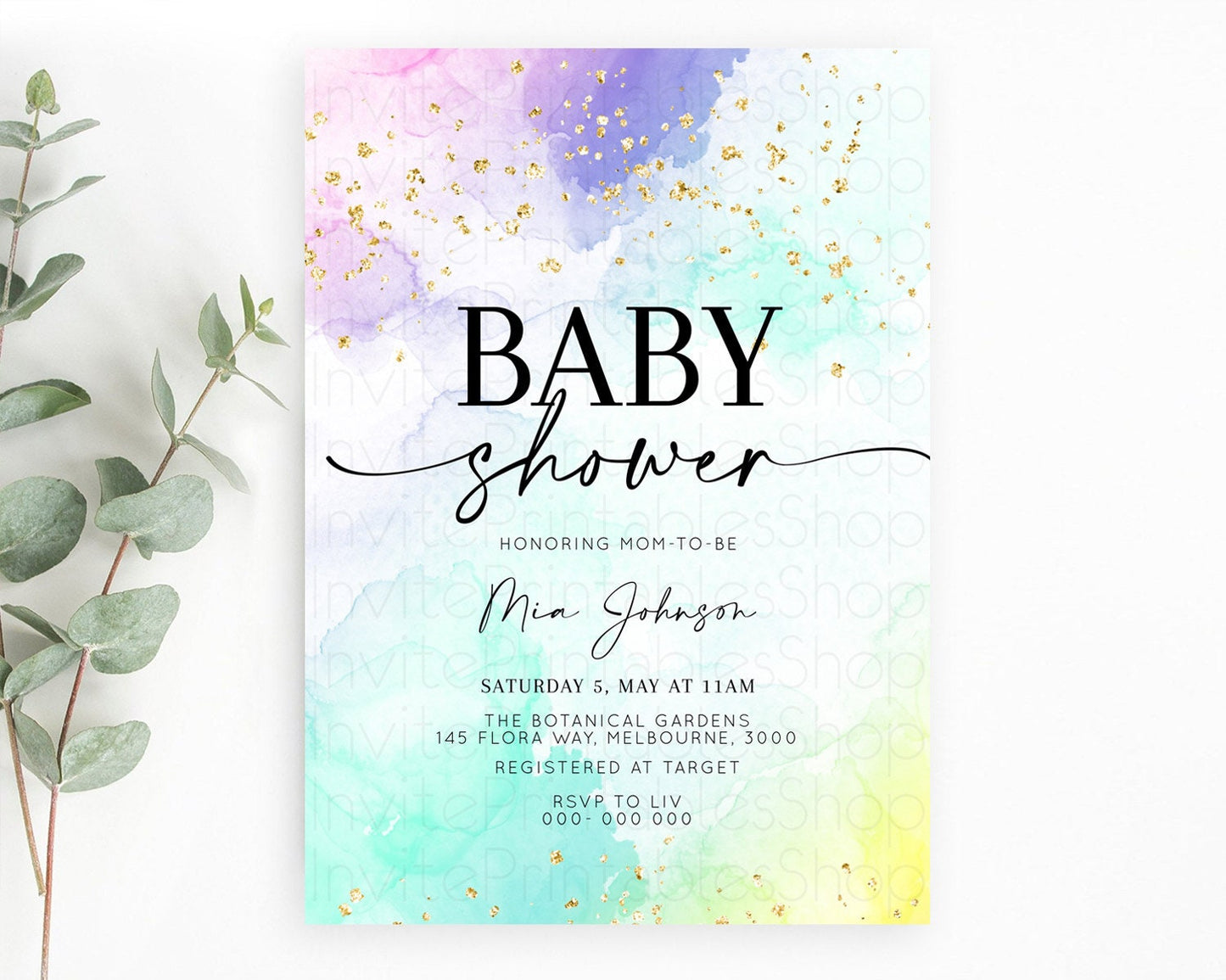 Pastel Baby Shower Invitation Rainbow Baby Shower Invitation Colorful Pastel Watercolor Invitation Gold Glitter Sprinkles Ombre D10157