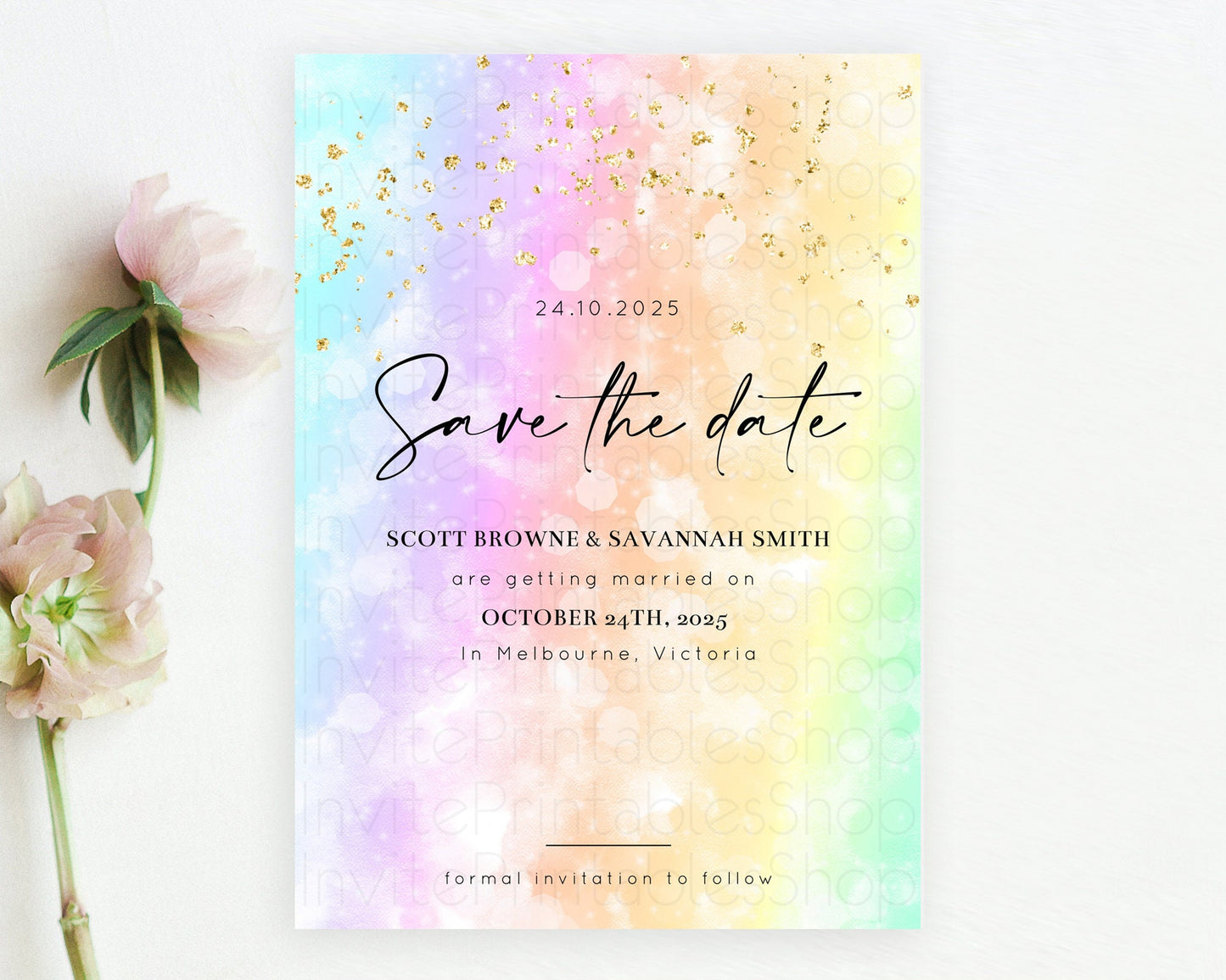 Pastel Save The Date Template Pastel Ombre Rainbow Watercolor Colorful Party For Birthday Baptism Baby Shower Wedding Bridal Shower D10647