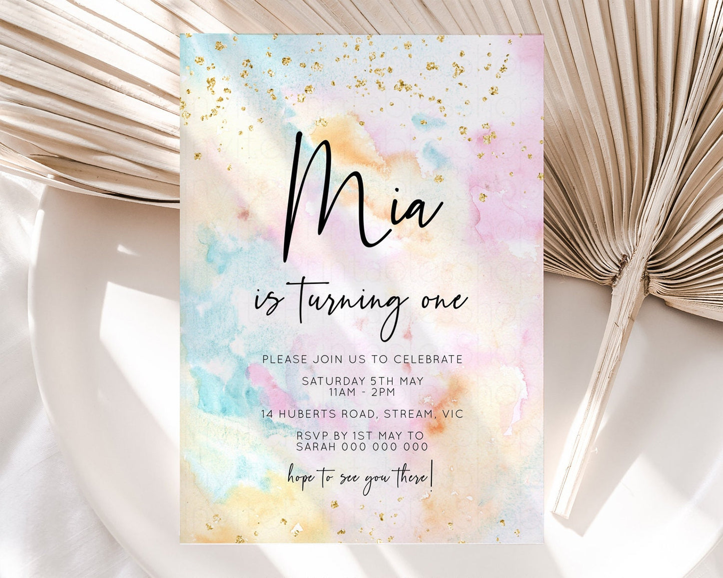 Rainbow Birthday Invitation Glitter Pastel Invitation Colorful Watercolor Gold Foil Splatter Sprinkles Ombre 1st 2nd 3rd Party Invite TC566