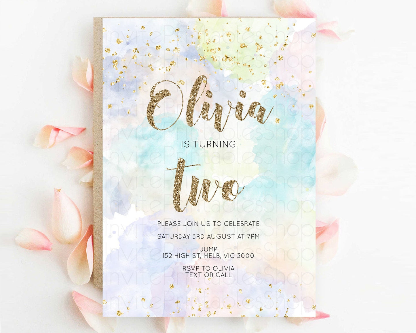 Rainbow Birthday Invitation Colorful Pastel Watercolor Invitation Gold Glitter Sprinkles Ombre Pastel 1st 2nd 3rd Birthday D10614