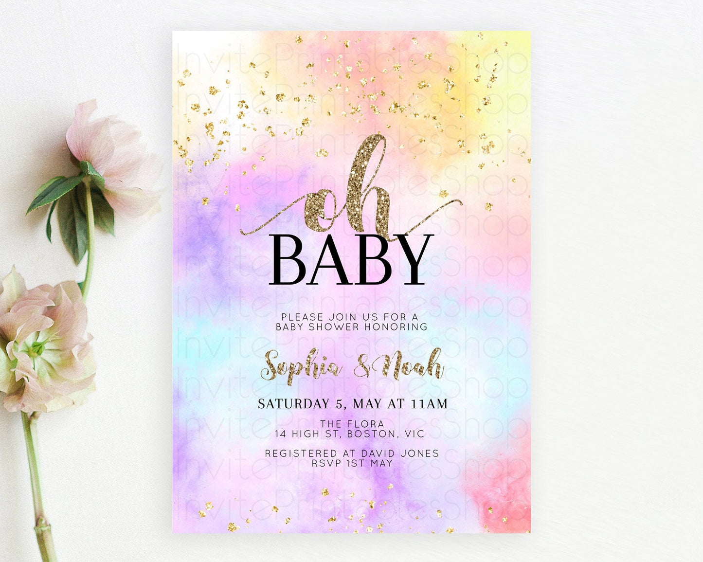 Pastel Baby Shower Invitation Rainbow Baby Shower Invitation Colorful Pastel Watercolor Invitation Gold Glitter Sprinkles Ombre D10435