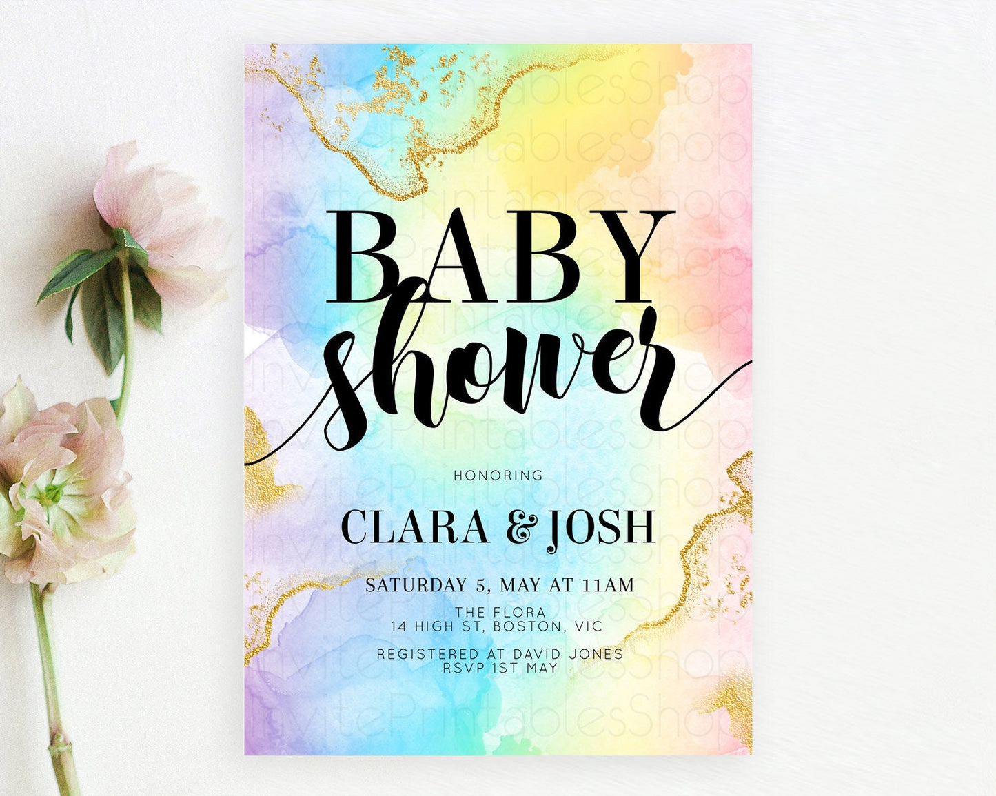 Pastel Baby Shower Invitation Rainbow Baby Shower Invitation Colorful Pastel Watercolor Invitation Gold Glitter Sprinkles Ombre D10589