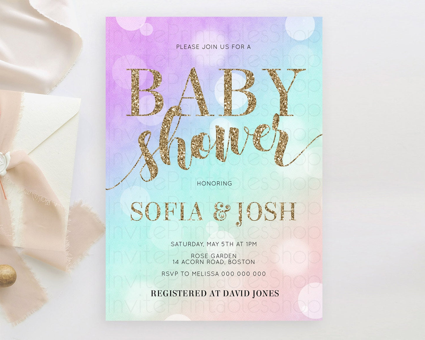 Pastel Baby Shower Invitation Rainbow Baby Shower Invitation Colorful Pastel Watercolor Invitation Gold Glitter Sprinkles Ombre D10621