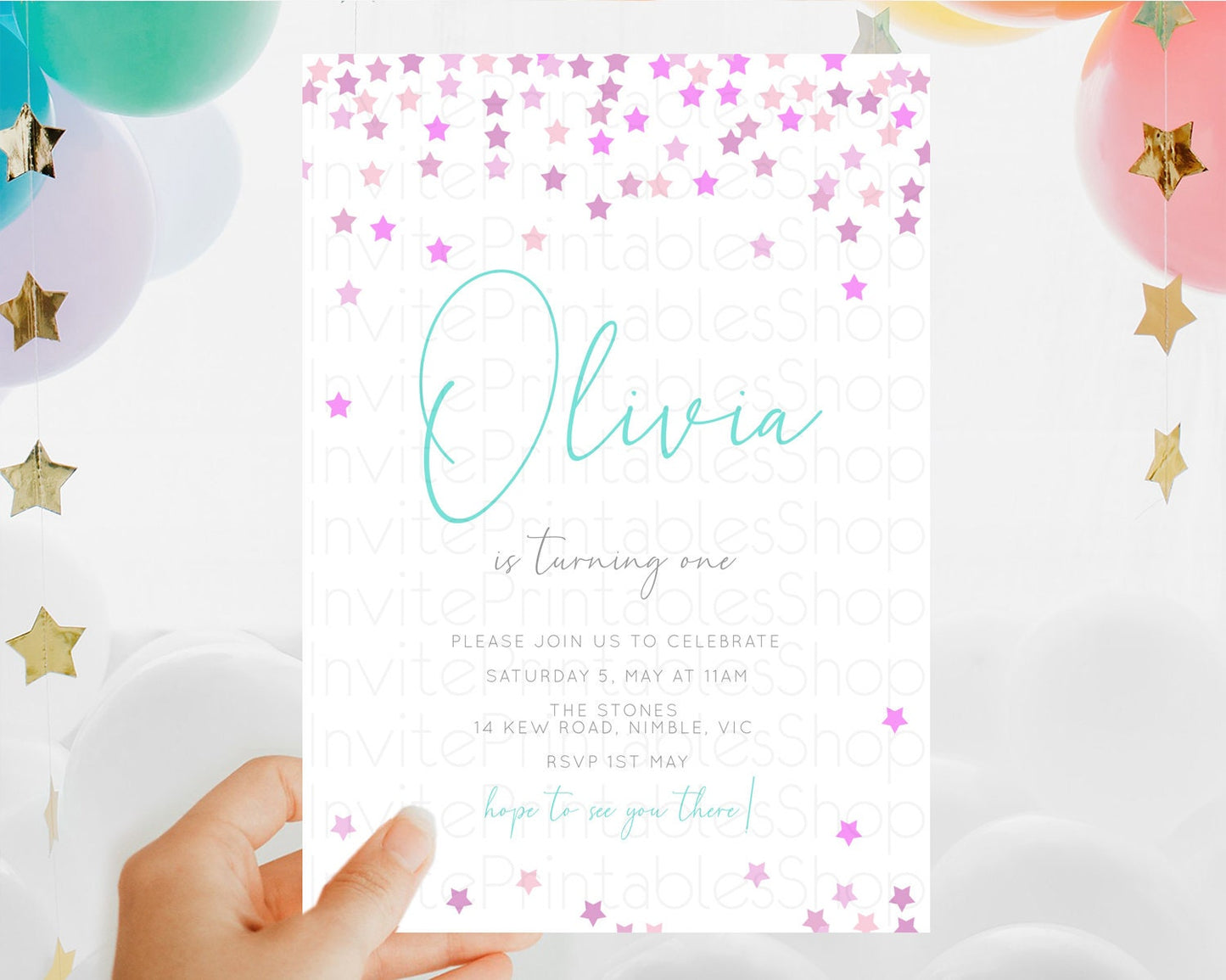 Star Birthday Invitation Pastel Stars Invite Shooting Star Party Rainbow Colorful Confetti Twinkle Little Star 2nd First Birthday D10403