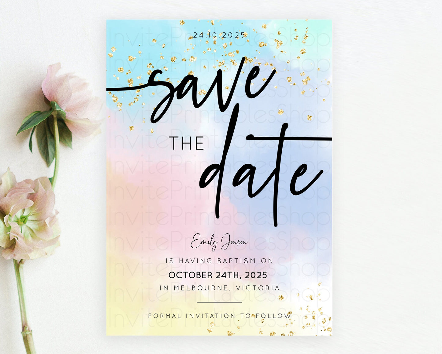 Pastel Save The Date Template Pastel Ombre Rainbow Watercolor Colorful Party For Birthday Baptism Baby Shower Wedding Bridal Shower D10368