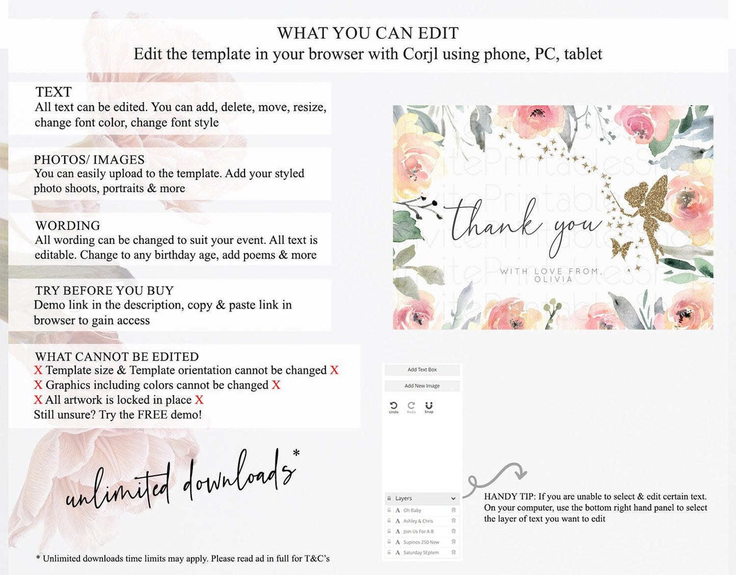 Fairy Thank You Fairy Thank You Card Enchanted Garden Pastel Butterfly Birthday Thank You Floral Secret Garden Teacher Thank You D10779