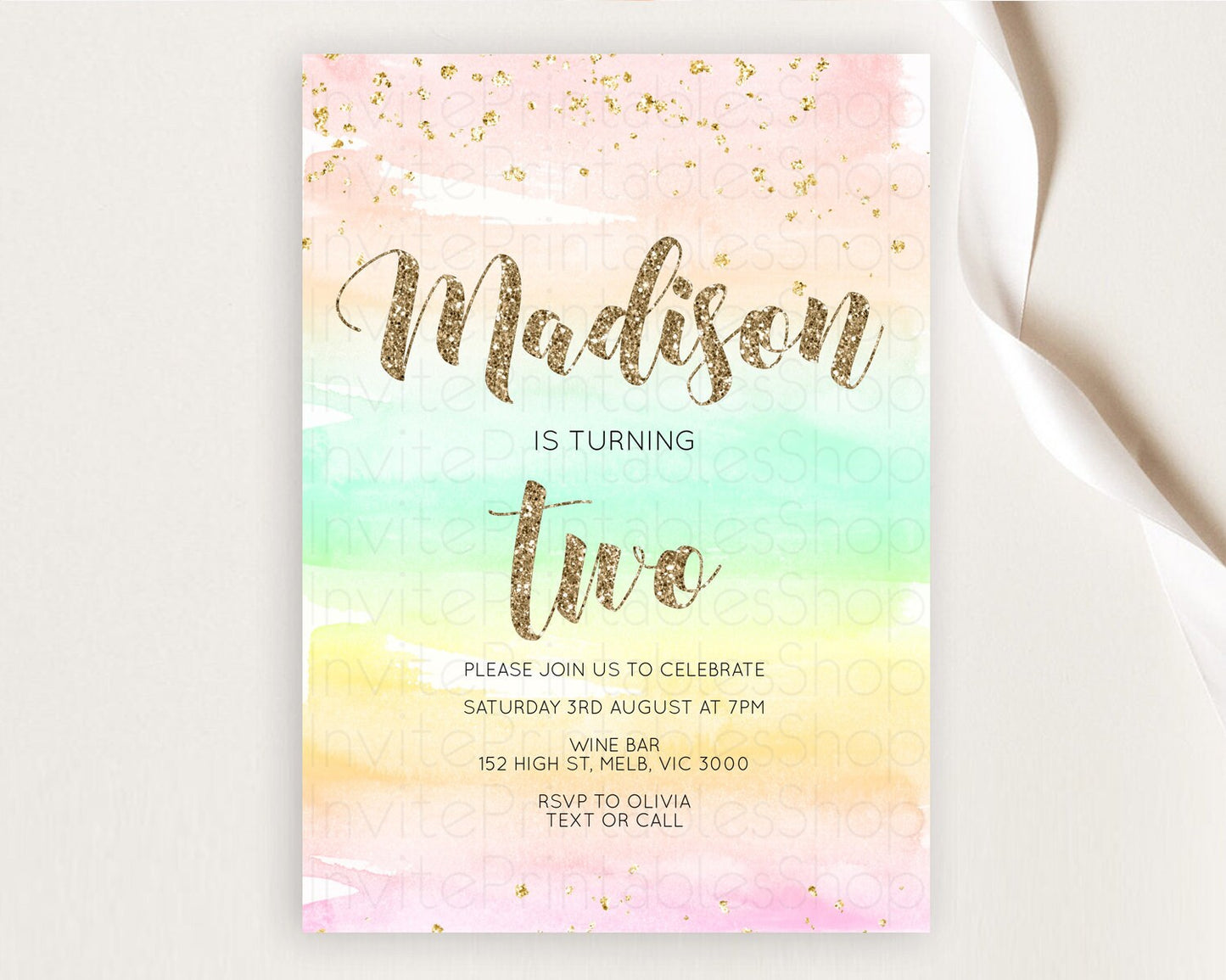 Rainbow Birthday Invitation Colorful Pastel Watercolor Invitation Gold Glitter Sprinkles Ombre Pastel 1st 2nd 3rd Birthday D10592