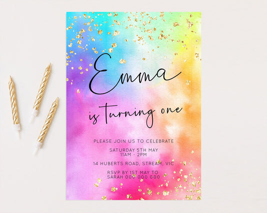 Pastel Rainbow Rainbow Birthday Invitation Colorful Tie Dye Invite Ombre Watercolor Invite Splash Glitter Sprinkle Invite 1st 2nd 3rd 509