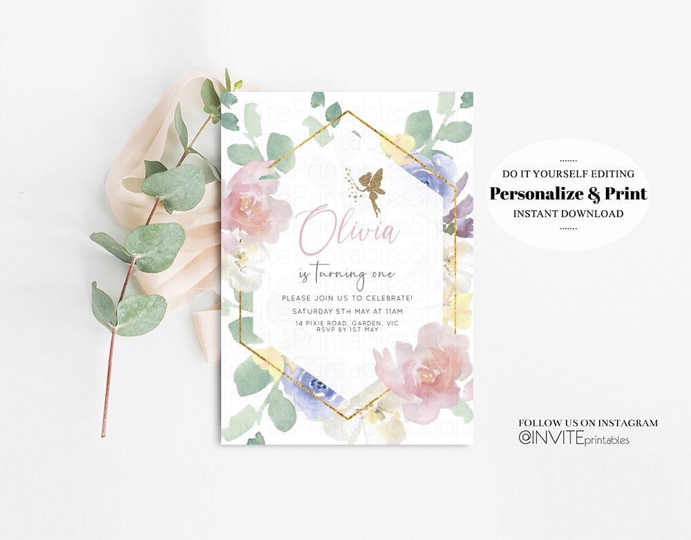 Fairy Birthday Invitation Enchanted Garden Fairytale Watercolor Glitter Floral Pastel Pink Blue Yellow Flowers Template