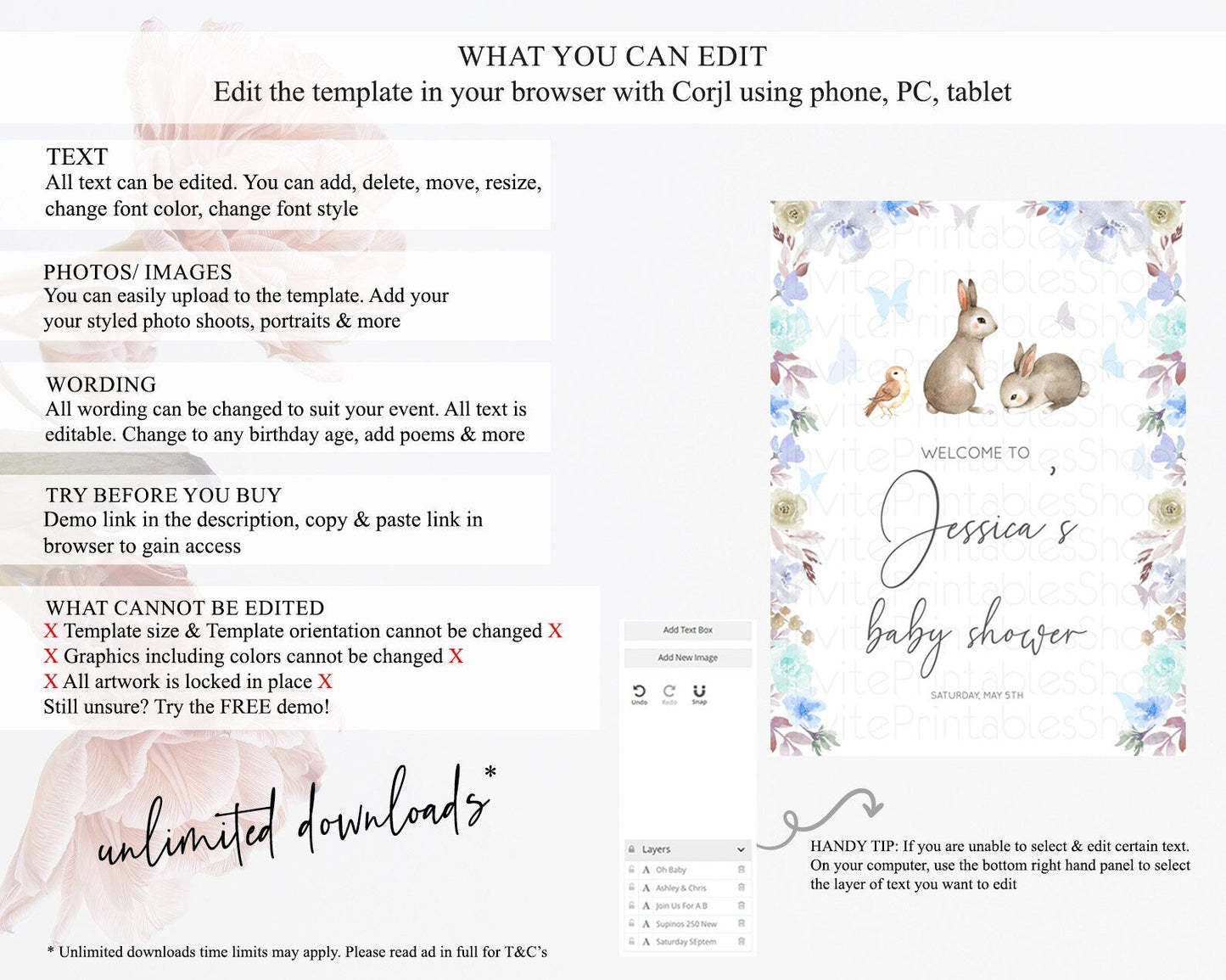 Bunny Baby Shower Welcome Sign Floral Bunny Welcome Board Pastel Flowers Woodland Bunny Welcome Poster Forest Bunny Welcome Sign D10927