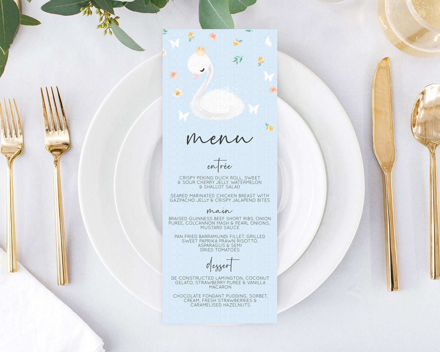 Swan Menu Swan Princess Ballet Menu Template Enchanted Swan Lake Table Decor Secret Garden Pastel Floral Dinner Dessert Food Menu  D10903