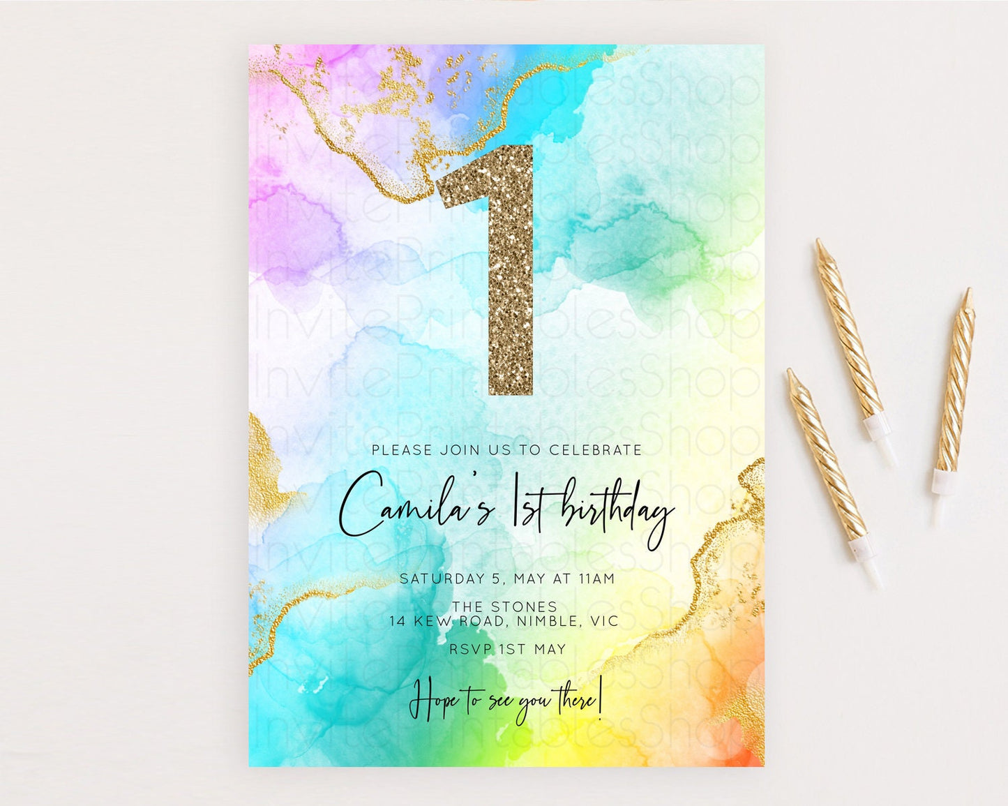 Rainbow Birthday Invitation Colorful Pastel Watercolor Invitation Gold Glitter Sprinkles Ombre Pastel 1st 2nd 3rd Birthday D10390