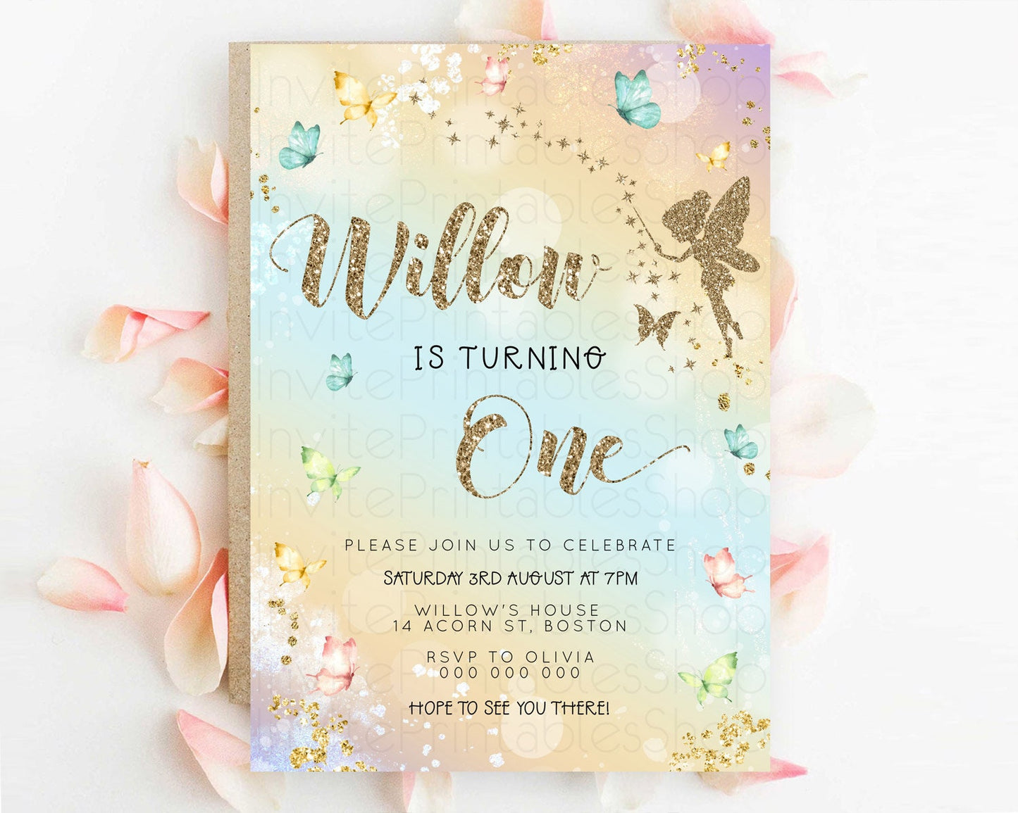 Pastel Fairy Birthday Invitation Pastel Butterflies Fairy Birthday Invitation Rainbow Ombre Watercolor 1st 2nd Birthday Invitation D23159