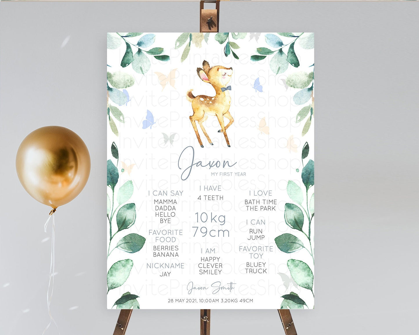 Fawn First Birthday Milestone Board Deer First Birthday Milestone Poster Enchanted Forest Butterfly Pastel Flowers 1st Birthday Sign D10767