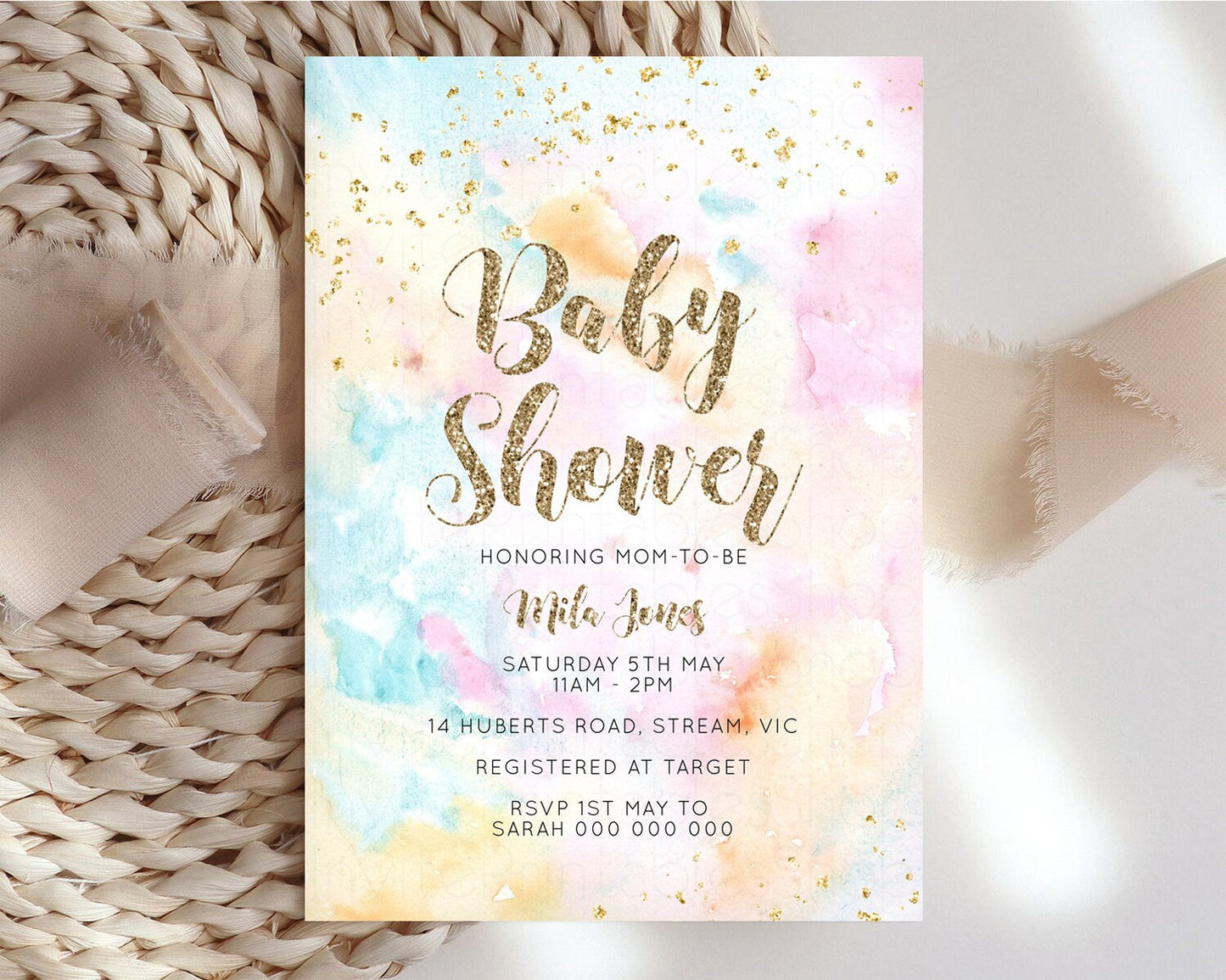 Rainbow Baby Shower Invitation Pastel Watercolor Invitation Colorful Splash Gold Splatter Glitter Foil Sprinkles Confetti Editable G566