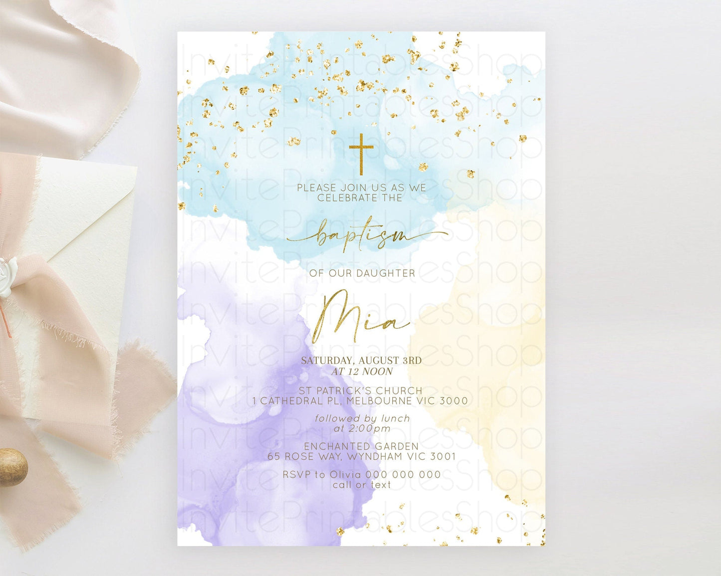 Pastel Baptism Invitation Pastel Colors Watercolor Baptism 1st Birthday Party Gold Ombre Pastel Rainbow Christening Holy Communion D10206