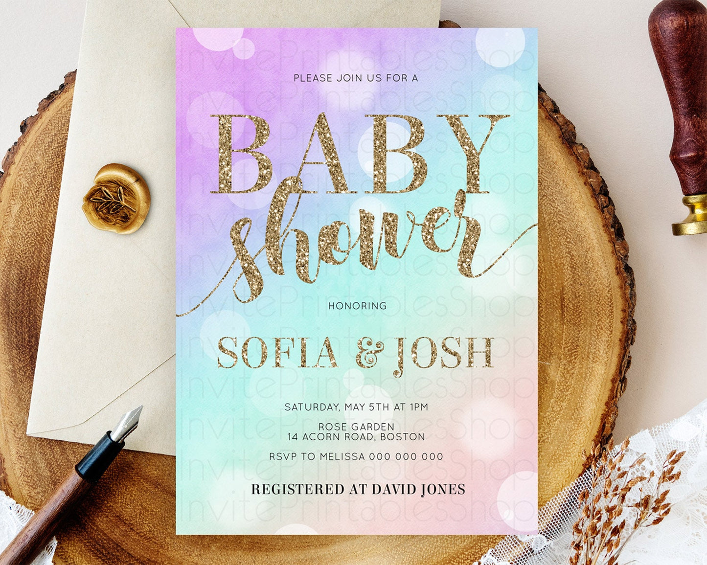 Pastel Baby Shower Invitation Rainbow Baby Shower Invitation Colorful Pastel Watercolor Invitation Gold Glitter Sprinkles Ombre D10621