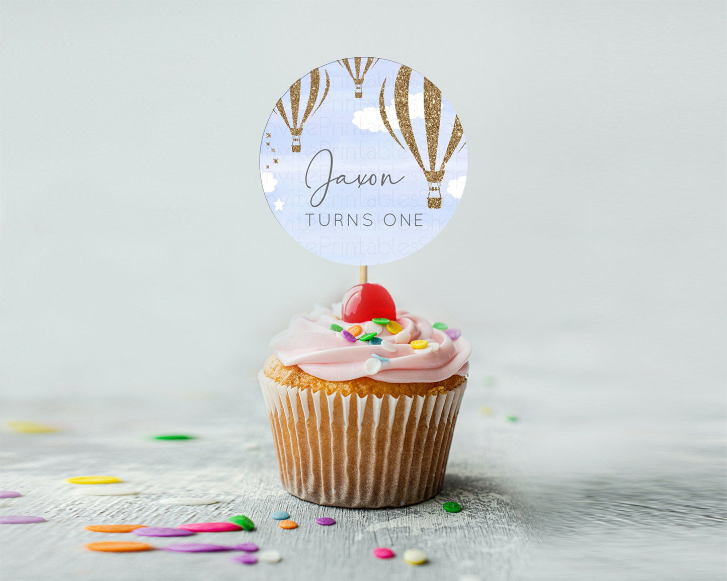 Hot Air Balloon Cupcake Toppers Adventure Awaits Up & Away Glitter Blue Watercolor Cupcake Topper Hot Air Balloon Party Décor D10333