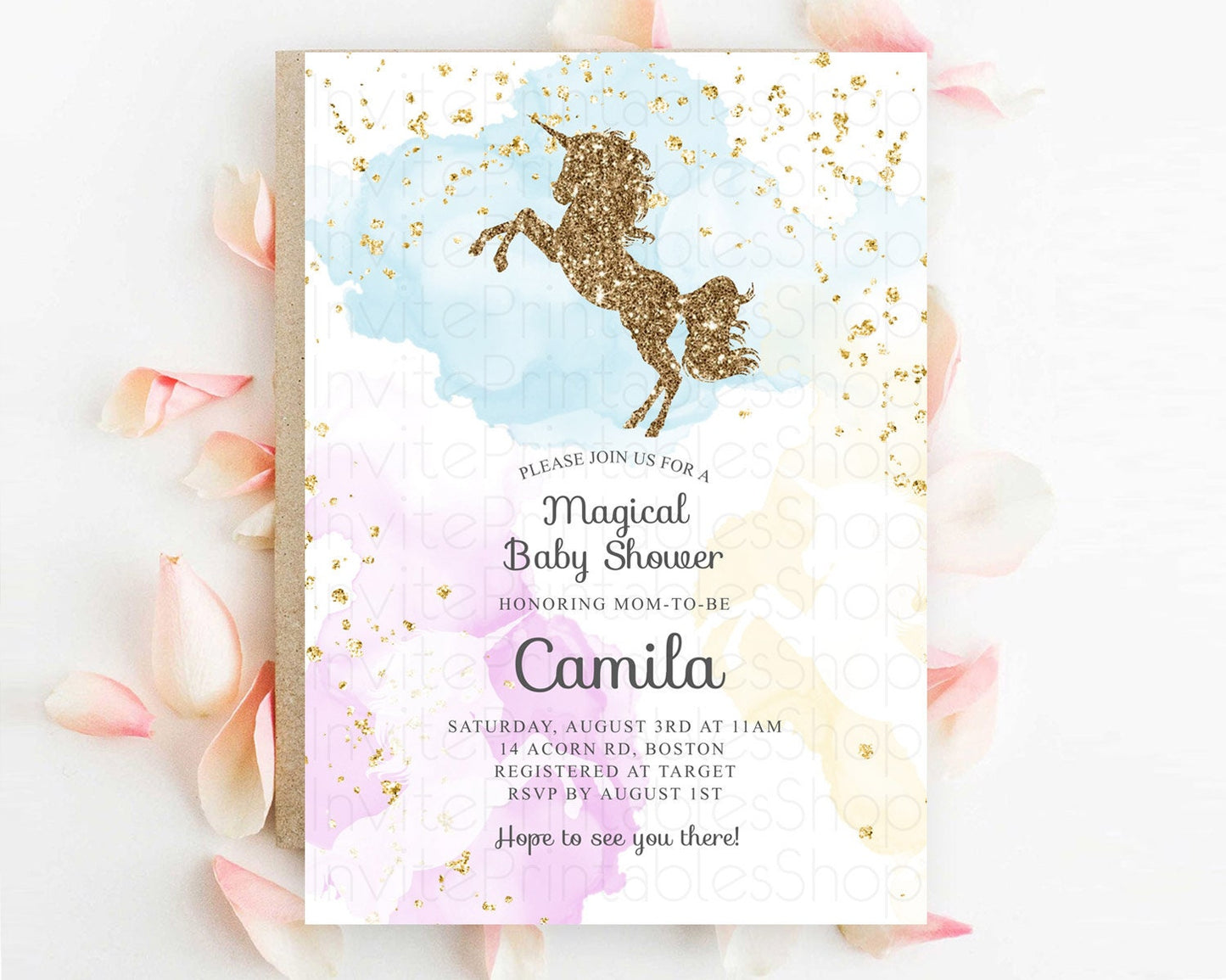 Pastel Unicorn Rainbow Baby Shower Invitation: Pastel Ombre Watercolor with Glitter Sprinkle, Pink, Blue, Yellow Clouds Gender Reveal D10114