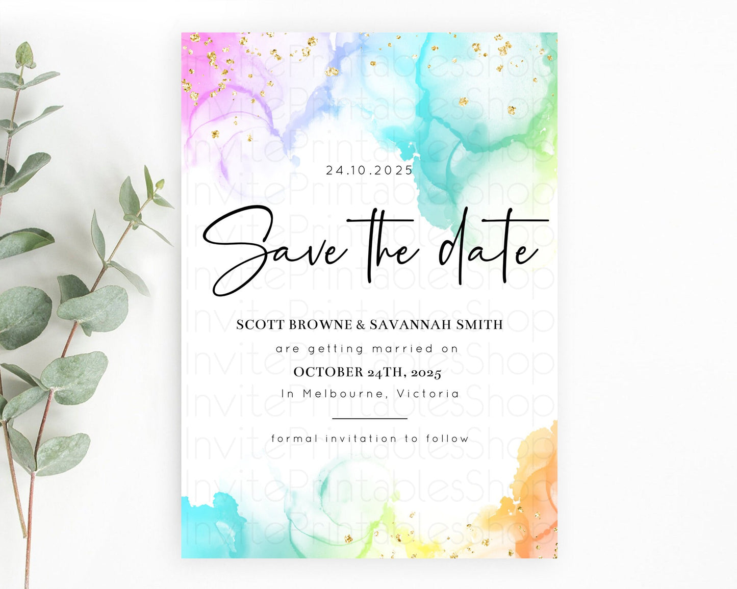 Pastel Save The Date Template Pastel Ombre Rainbow Watercolor Colorful Party For Birthday Baptism Baby Shower Wedding Bridal Shower D10181