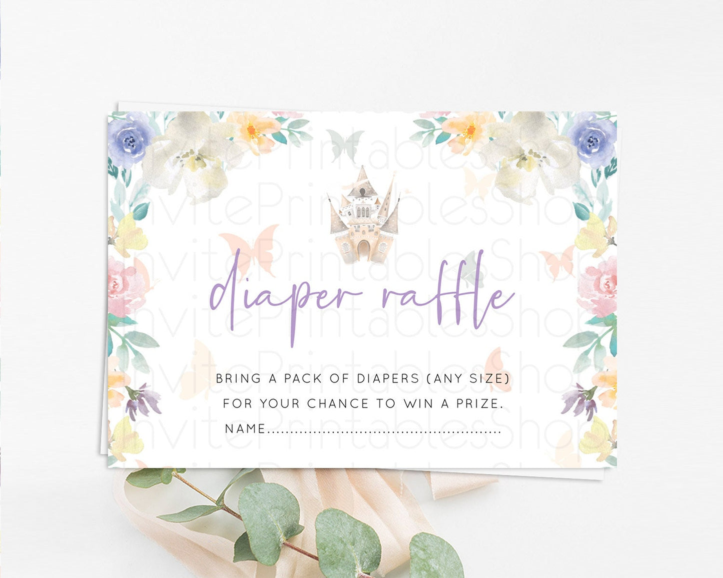 Princess Diaper Raffle Card Castle Diaper Ticket Insert Secret Garden Enchanted Castle Pastel Floral Garden Baby Shower Poem Request D10709