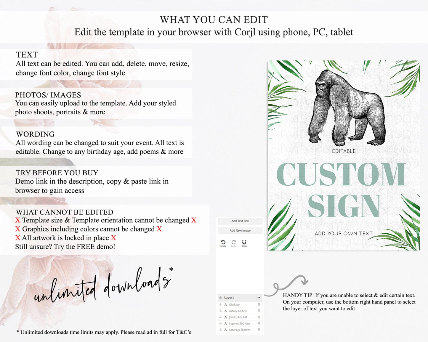 Gorilla Table Sign Decor Gorilla Party Sign Template Safari Adventure Gorilla Minimal Theme 1st Birthday Baptism Baby Shower D10846