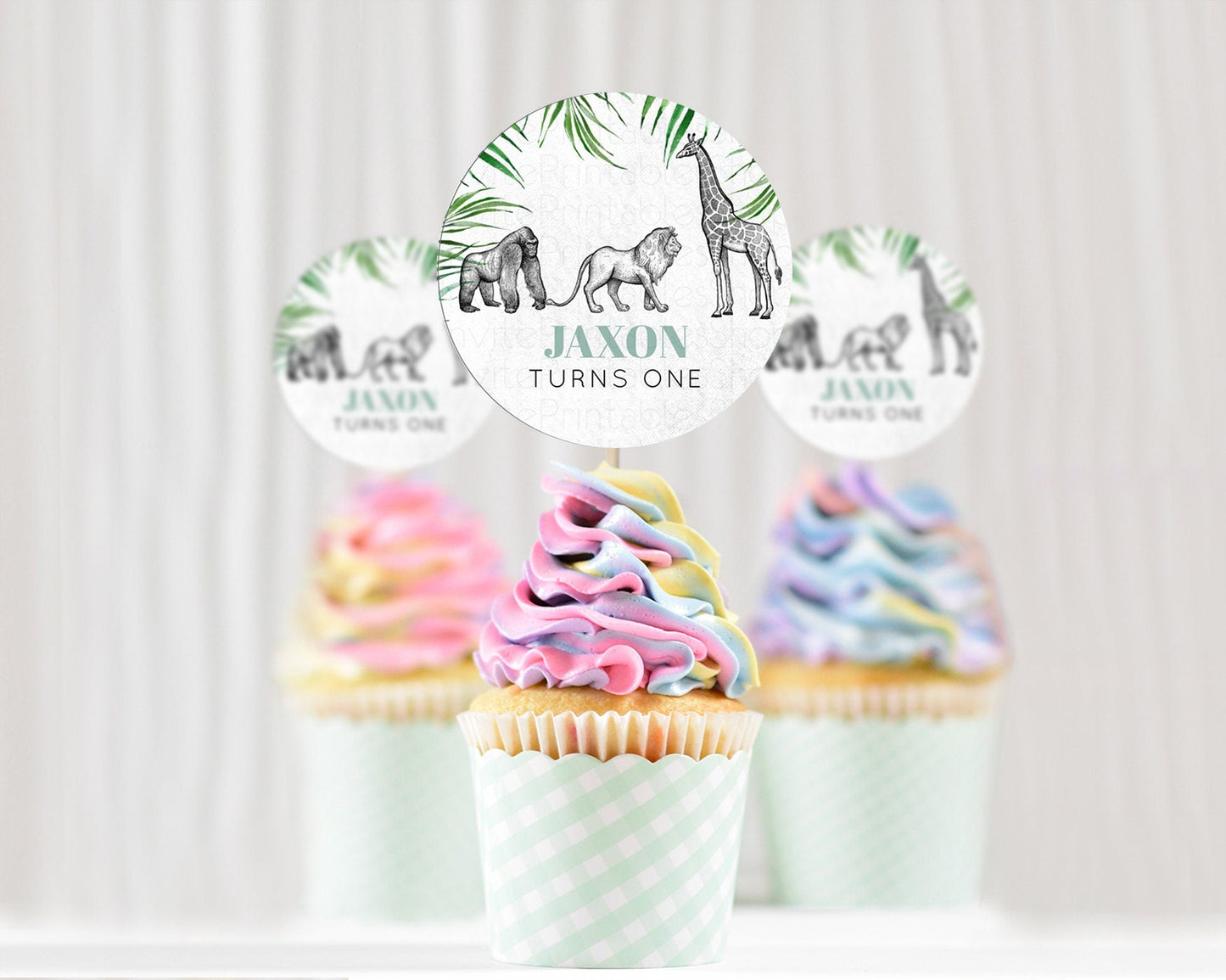 Safari Cupcake Toppers Lion Gorilla Elephant Rhino Tropical Palm Decor Jungle Safari Adventure Zoo Cupcake Topper First Birthday D10853