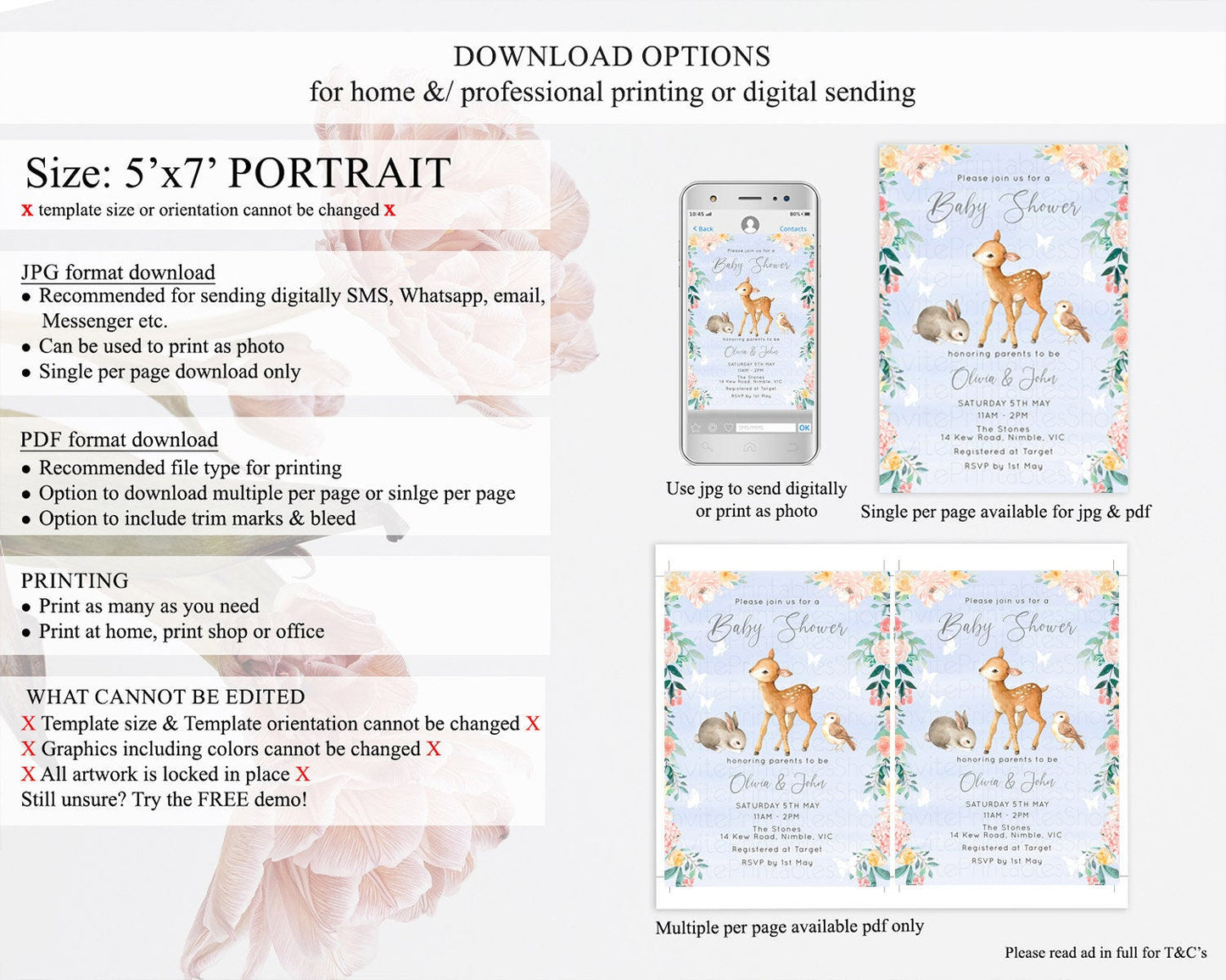 Deer Baby Shower Invitation, Whimsical Enchanted Forest Fawn and Butterflies, Soft Pastel Watercolor Blue, Pink Green Floral Accents D10920