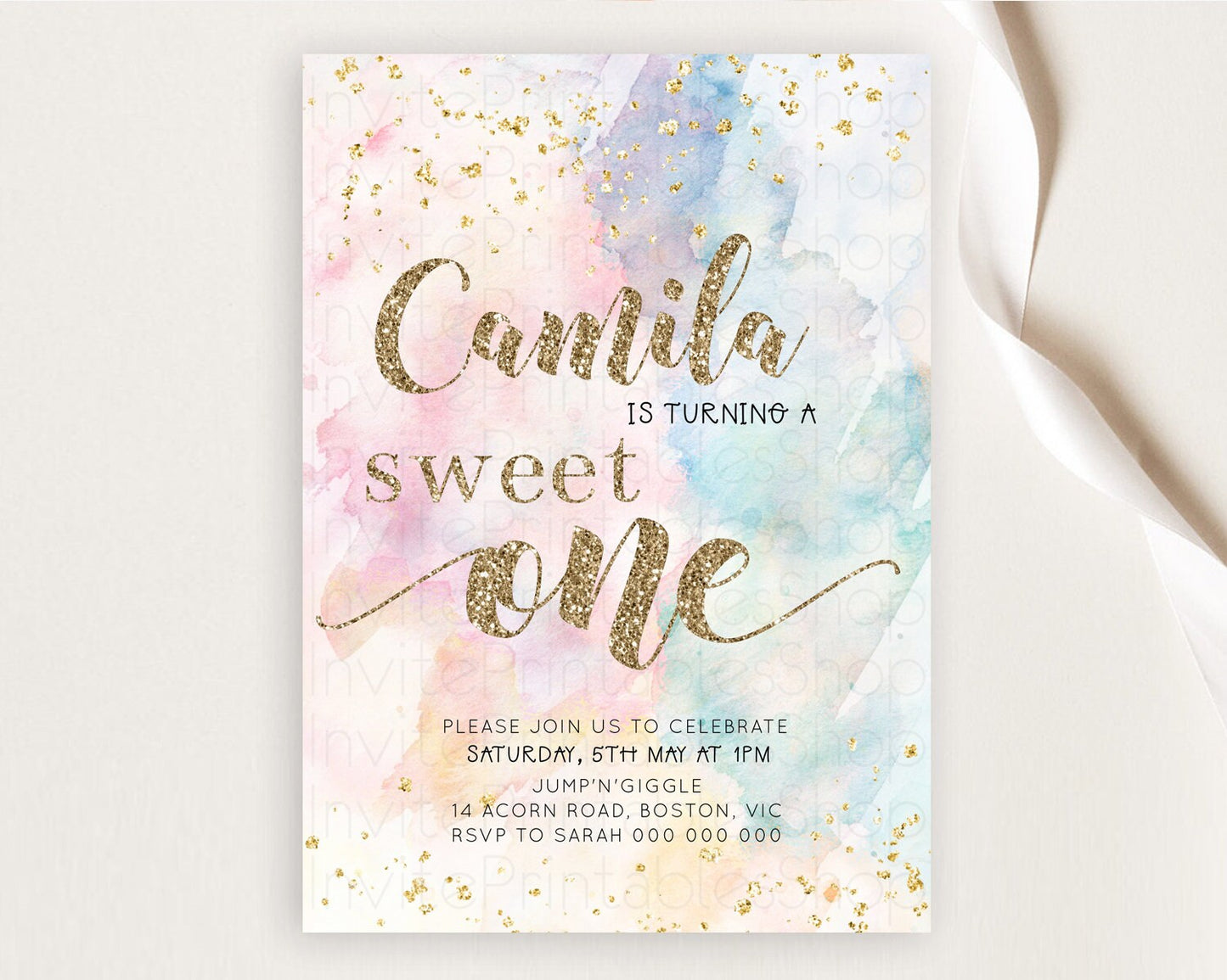 Rainbow Birthday Invitation Glitter Pastel Invitation Colorful Watercolor Gold Foil Splatter Sprinkle Ombre Sweet One Invitation D10264
