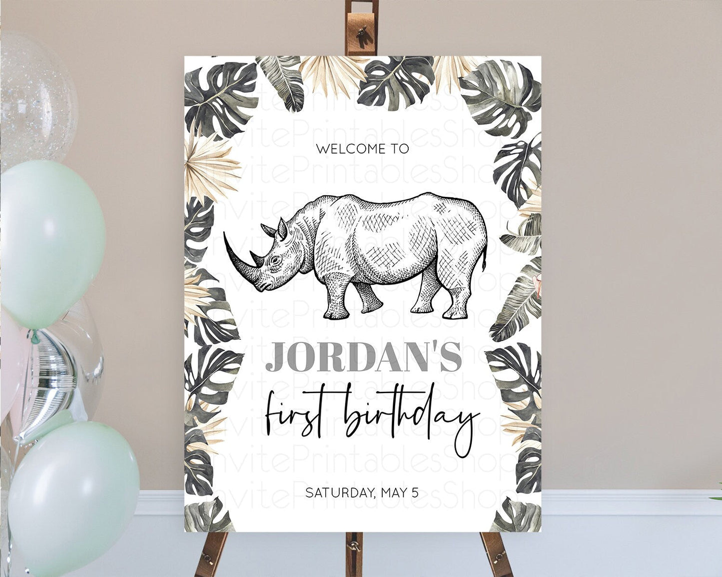 Rhino Welcome Sign Rhino Welcome Board Rhino Welcome Poster Dried Palm Fern Safari Party Decor Rhino First Birthday Welcome Sign D10826