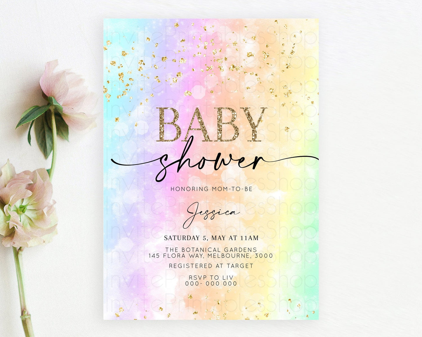 Pastel Baby Shower Invitation Rainbow Baby Shower Invitation Colorful Pastel Watercolor Invitation Gold Glitter Sprinkles Ombre D10647