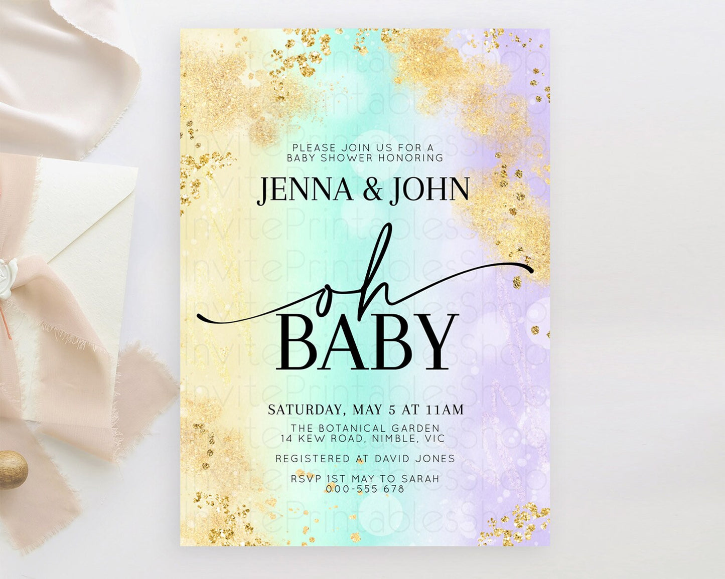 Pastel Baby Shower Invitation Rainbow Baby Shower Invitation Colorful Pastel Watercolor Invitation Gold Glitter Sprinkles Ombre D10672