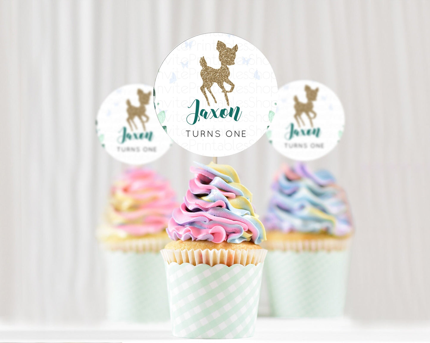 Fawn Cupcake Toppers Deer Cupcake Toppers Enchanted Forest Party Butterfly Pastel Flowers Woofland Cupcake Toppers First Birthday D10882